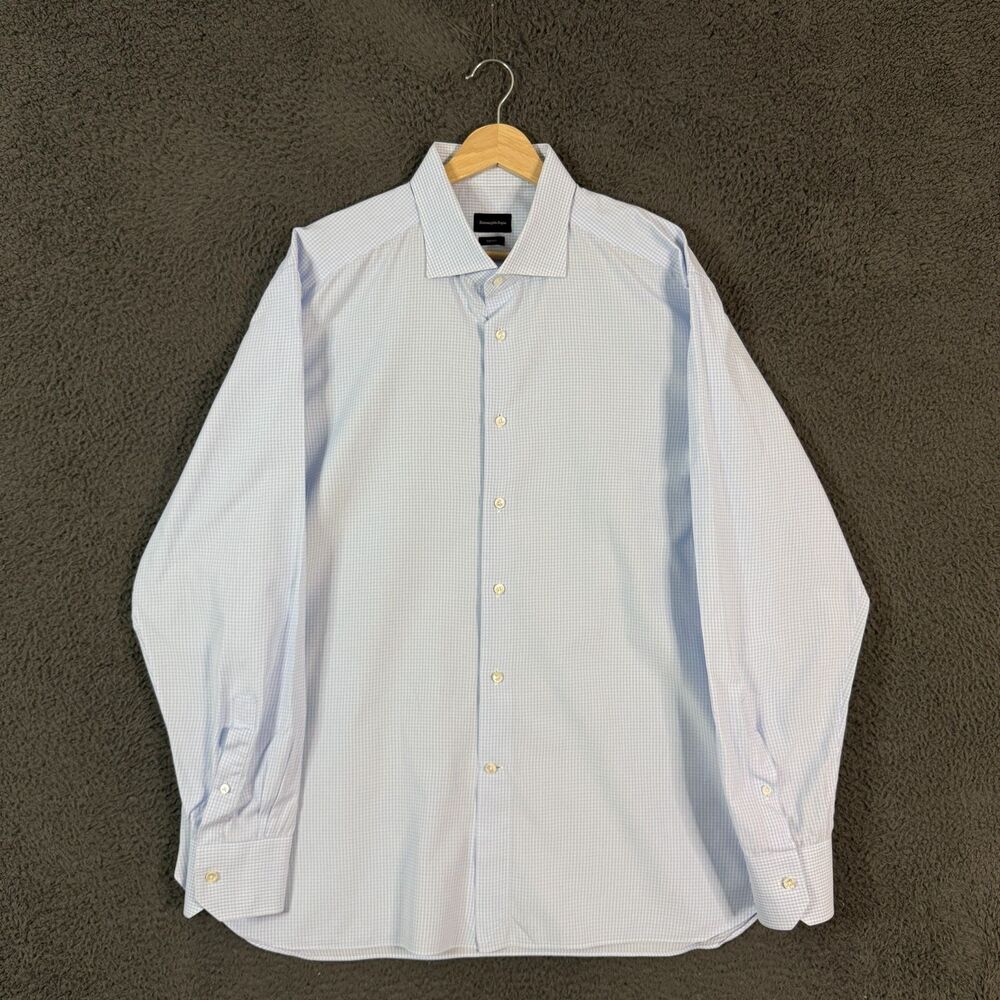 Ermenegildo Zegna Shirt Mens 18 Blue Check Spread Collar Formal Long Sleeve